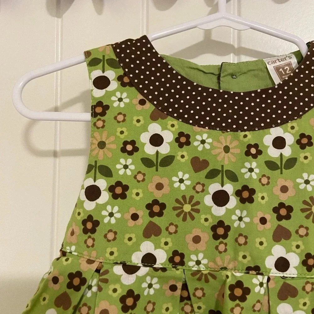 EUC | Carter’s baby girl green‎ & brown floral high neck dress — 12 months